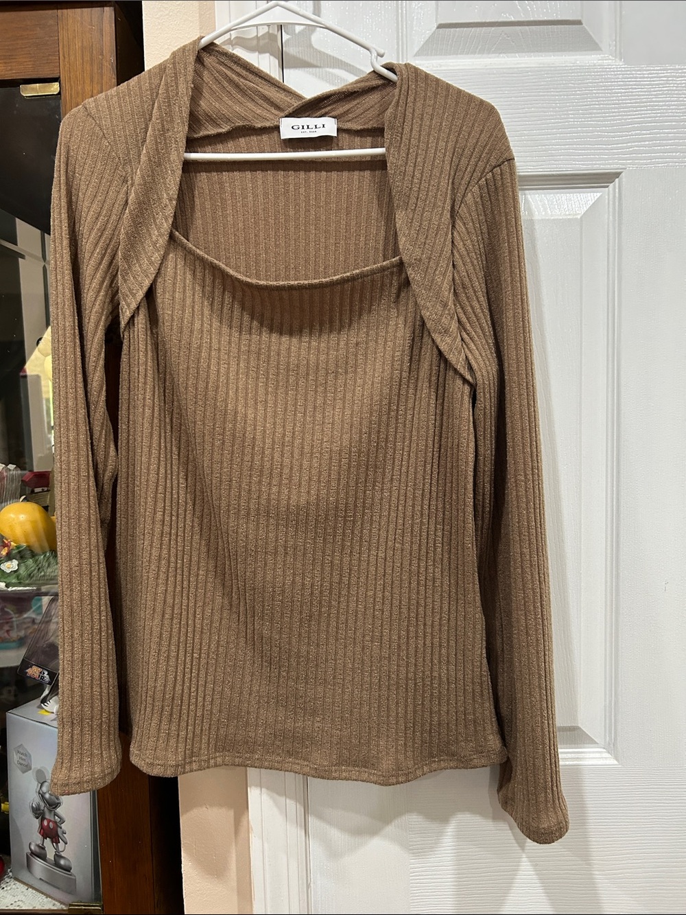 Gilli Ribbed Tan-Brown Layered Scoop Neck Top